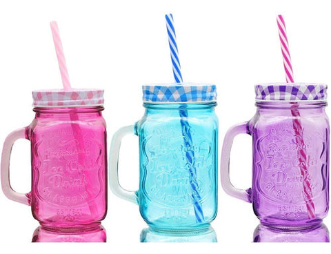 Tarro Vidrio Drinking Jar de 480 ml con Tapa y Popote Colores JMX